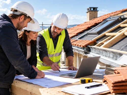 Tecnici coordinano i lavori di un tetto ventilato“ width=